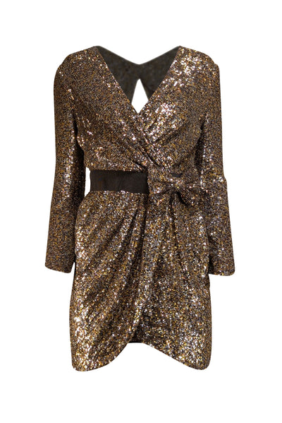 3.1 Phillip Lim - Gold, Silver, & Black Sequin Faux Wrap Dress Sz 4 - Current Boutique