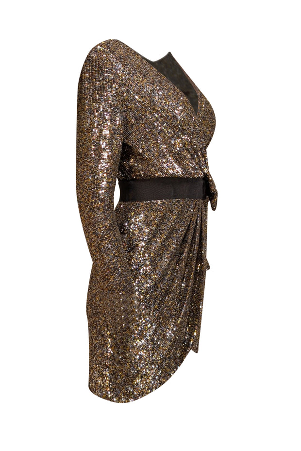 3.1 Phillip Lim - Gold, Silver, & Black Sequin Faux Wrap Dress Sz 4 - Current Boutique