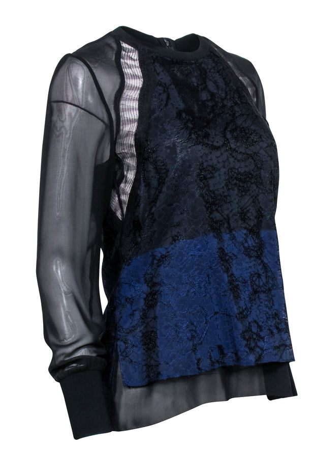 Current Boutique-3.1 Philip Lim - Navy & Black Lace Long Sleeve Top Sz 8