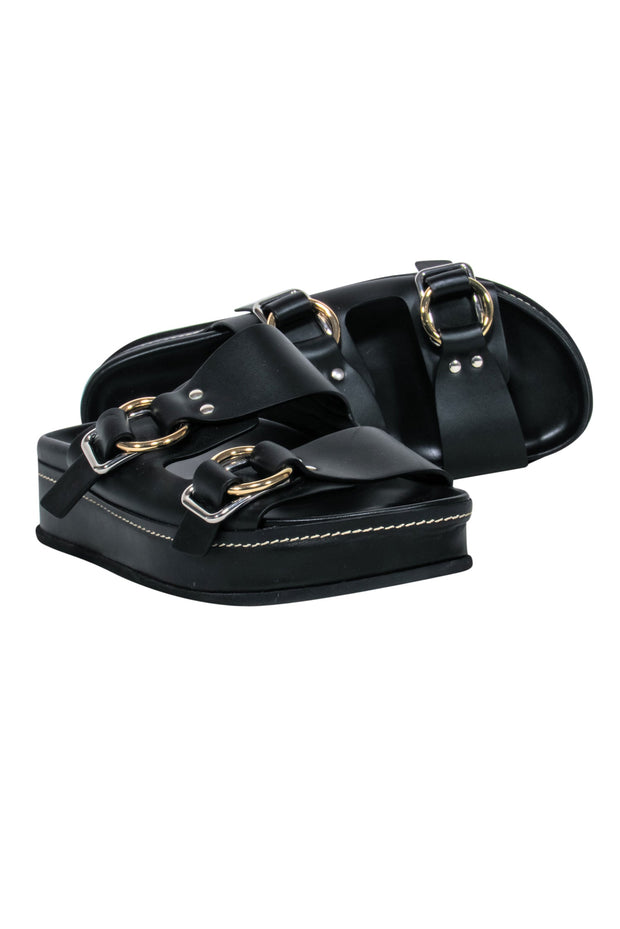 Current Boutique-3.1 Phillip Lim - Black Leather Buckle Detail Slide Sandals Sz 11
