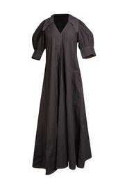 Ganni - Black Poplin Collared Puffed-Sleeve Midi Dress Sz 4 - Current Boutique