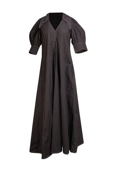 Ganni - Black Poplin Collared Puffed-Sleeve Midi Dress Sz 4 - Current Boutique