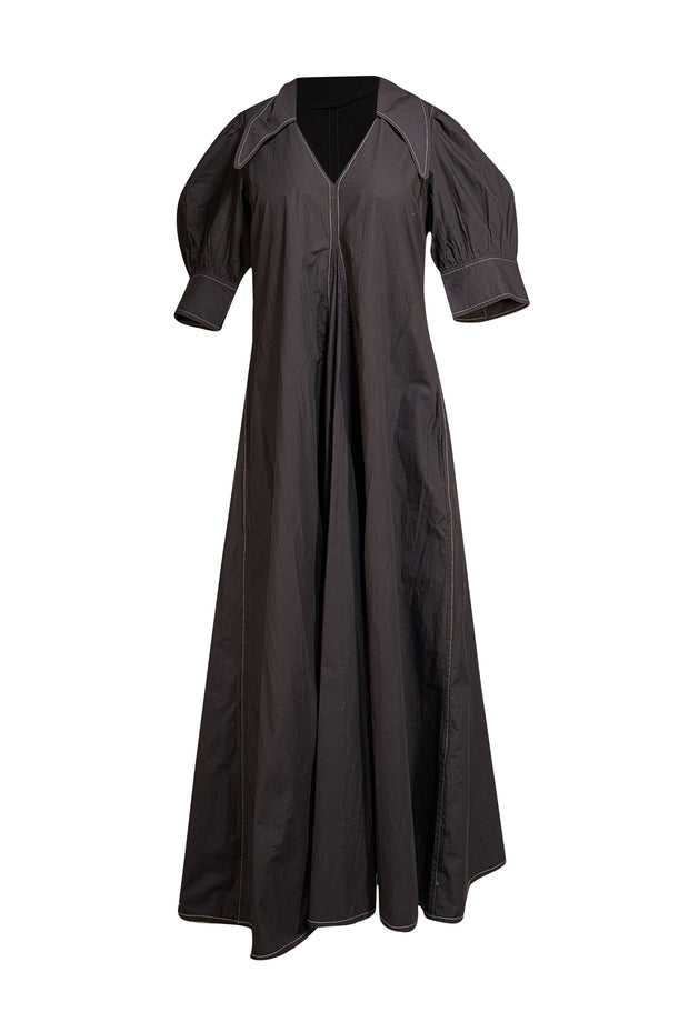 Ganni - Black Poplin Collared Puffed-Sleeve Midi Dress Sz 4 - Current Boutique