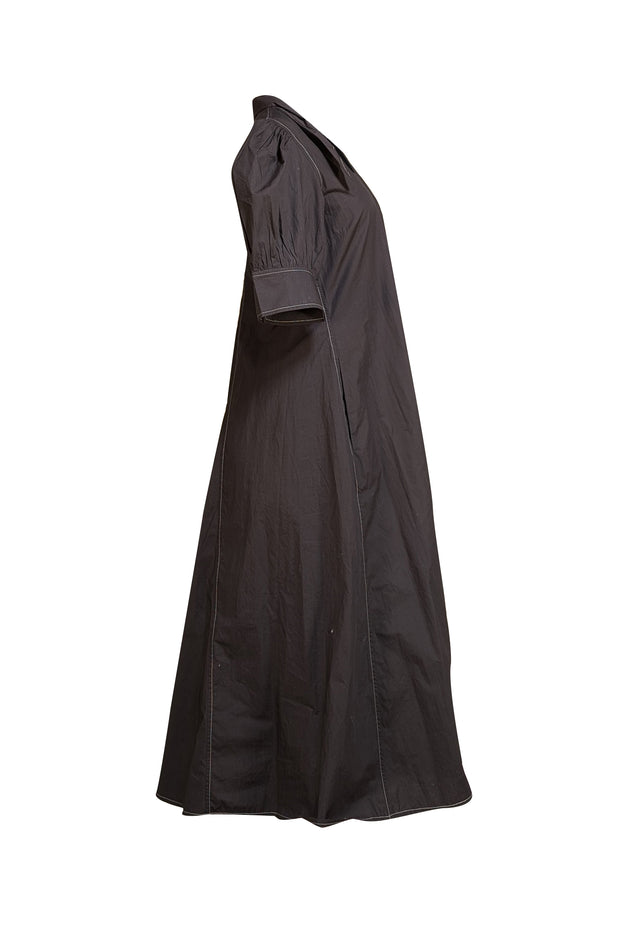 Ganni - Black Poplin Collared Puffed-Sleeve Midi Dress Sz 4 - Current Boutique