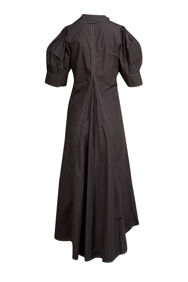 Ganni - Black Poplin Collared Puffed-Sleeve Midi Dress Sz 4 - Current Boutique