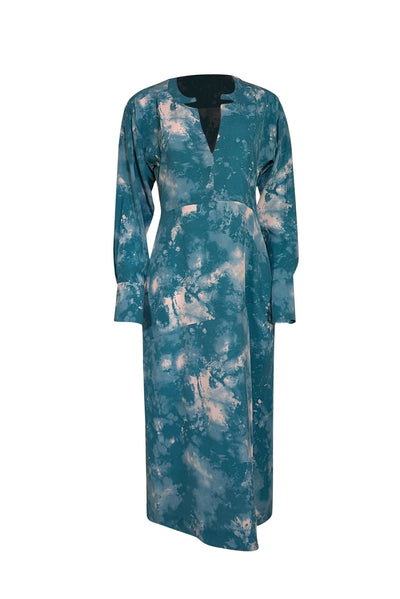 Equipment - Teal Green Tie Dye Silk Slit Front Dress Sz 6 - Current Boutique