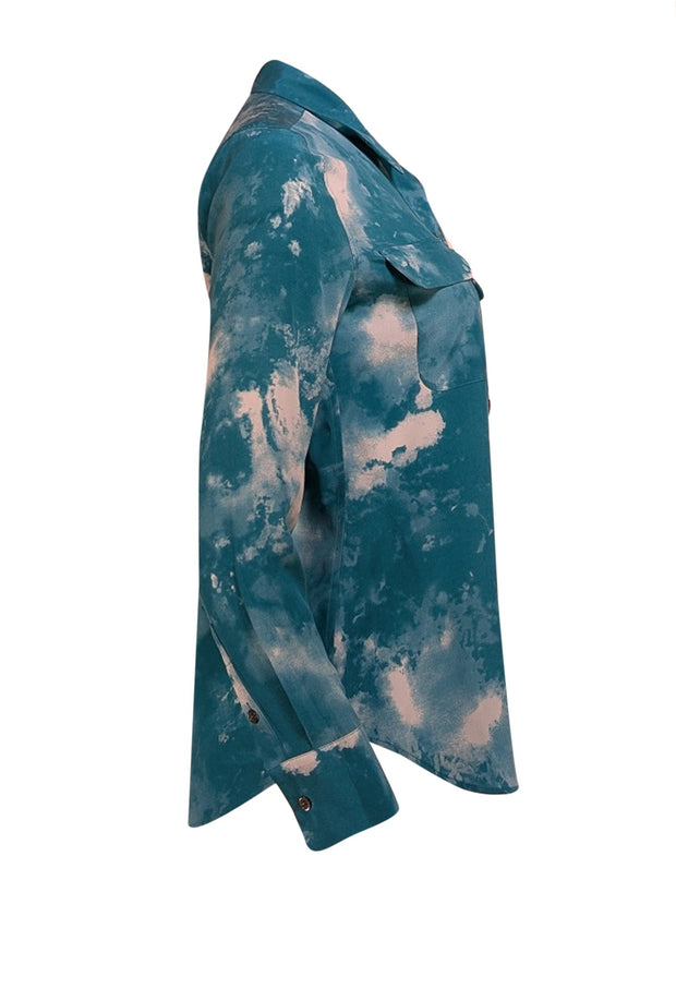 Equipment - Green Teal Tie Dye Long Sleeve Blouse Sz S - Current Boutique