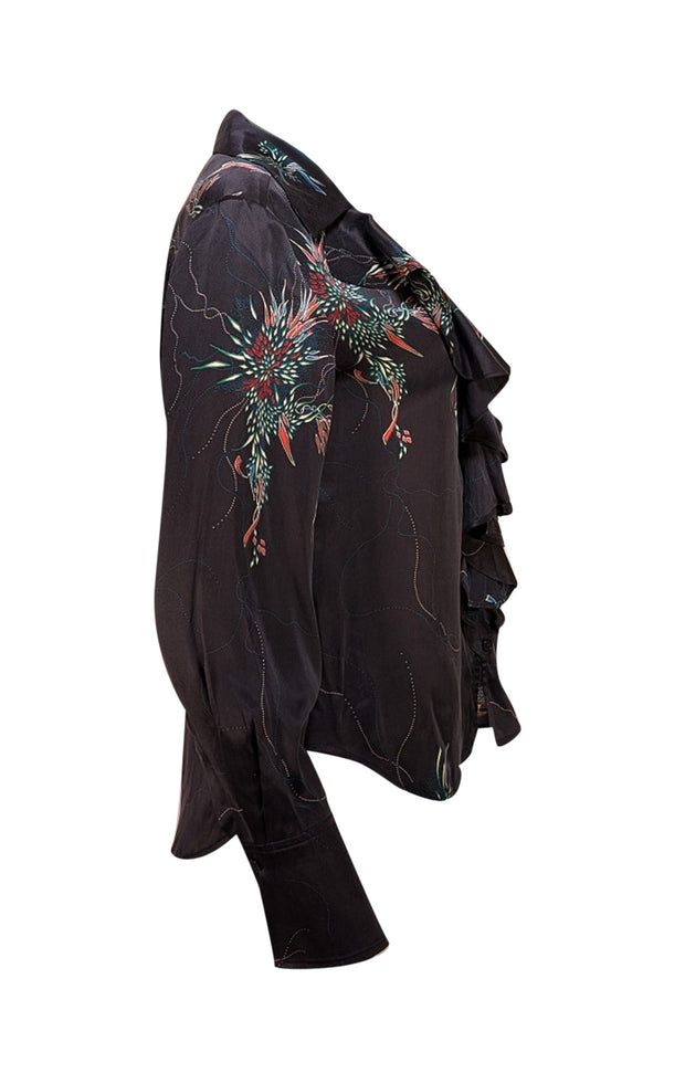 Equipment - Black, Red, & Teal Print Ruffle Front Silk Blouse Sz S - Current Boutique