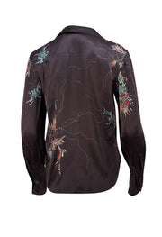 Equipment - Black, Red, & Teal Print Ruffle Front Silk Blouse Sz S - Current Boutique