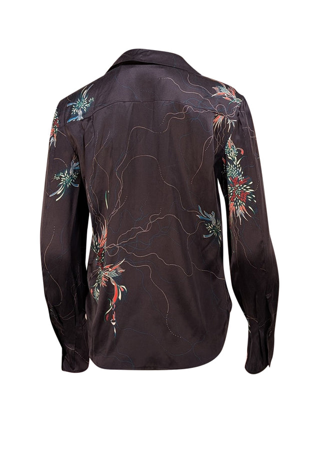 Equipment - Black, Red, & Teal Print Ruffle Front Silk Blouse Sz S - Current Boutique