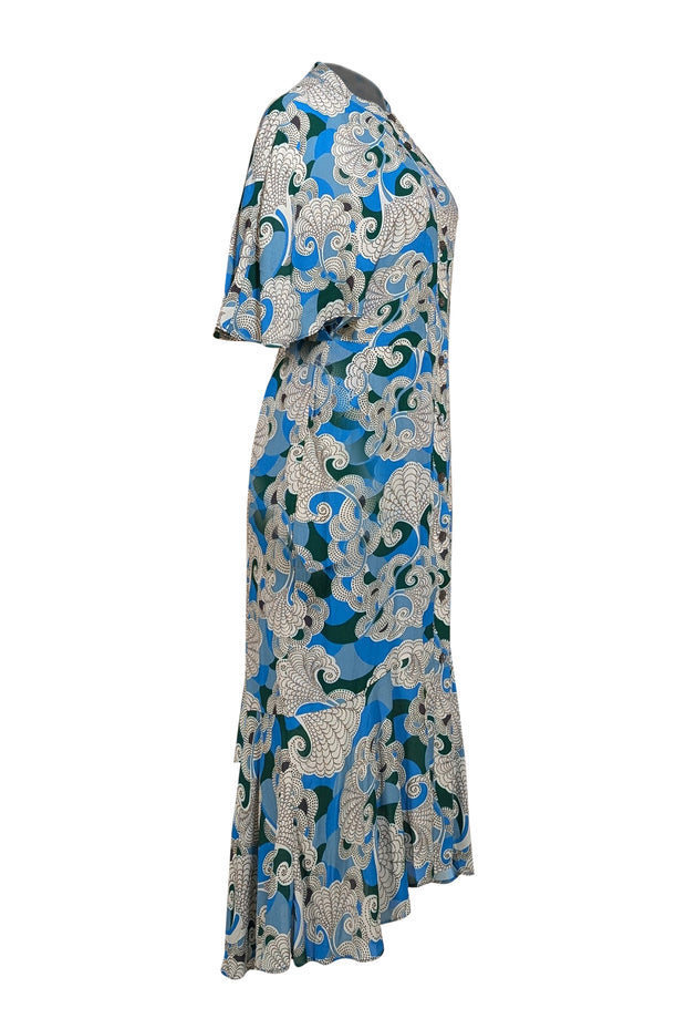 Equipment - Blue, Green, & White Button Front Midi Dress Sz 6