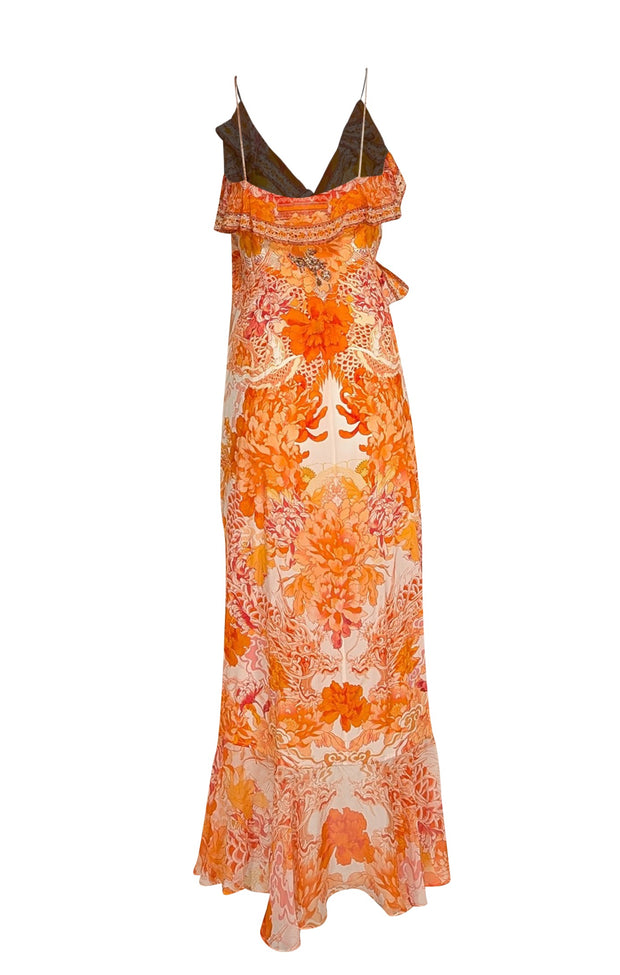 Camilla - Orange, Cream, & Red Print "Dragon Mother" Wrap Dress Sz XS