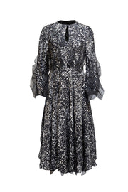 Longchamp - Black & White Abstract Print Ruffle Detail Midi Dress Sz 10