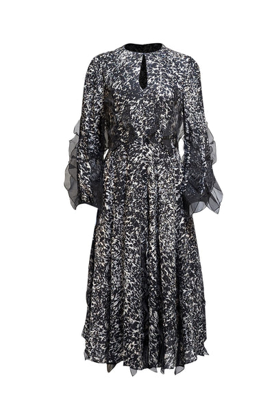 Longchamp - Black & White Abstract Print Ruffle Detail Midi Dress Sz 10