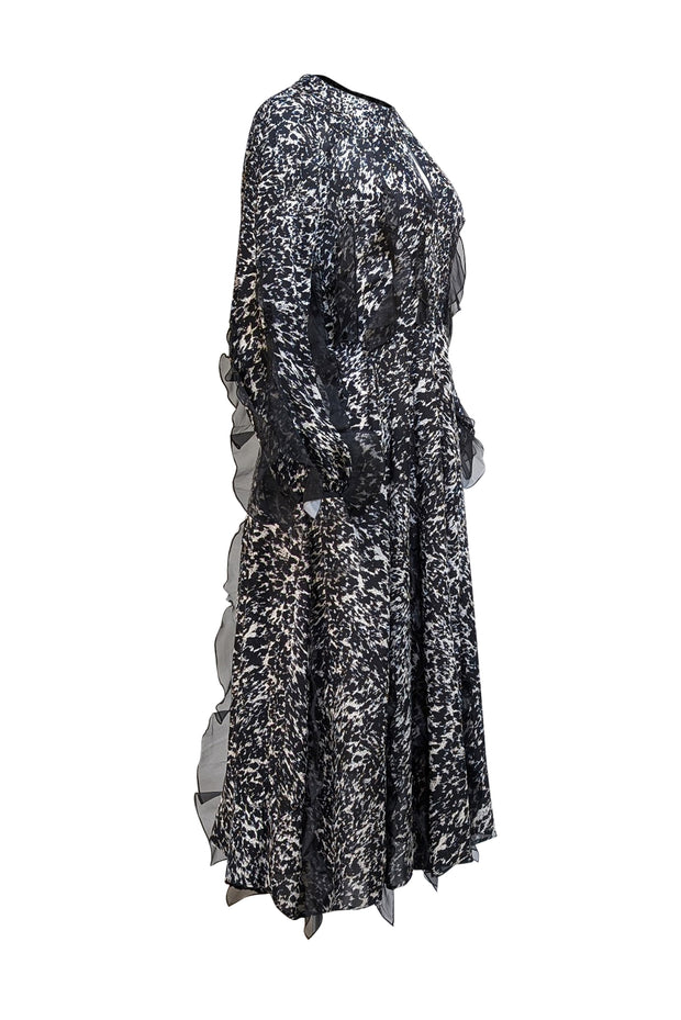Longchamp - Black & White Abstract Print Ruffle Detail Midi Dress Sz 10