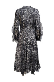 Longchamp - Black & White Abstract Print Ruffle Detail Midi Dress Sz 10