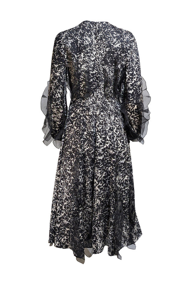 Longchamp - Black & White Abstract Print Ruffle Detail Midi Dress Sz 10