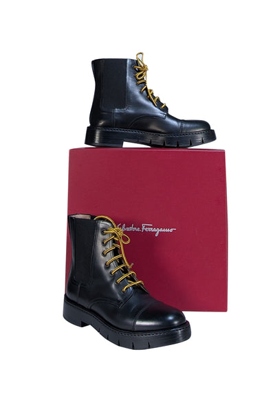 Ferragamo - Black Leather Lace Up Combat Boots Sz 7.5 - Current Boutique