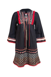 Zadig & Voltaire - Black Chambray Embroidered Lace Up Front Mini Dress Sz M - Current Boutique