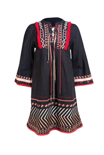 Zadig & Voltaire - Black Chambray Embroidered Lace Up Front Mini Dress Sz M - Current Boutique