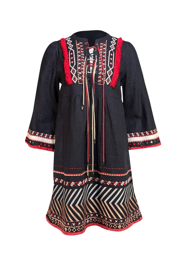 Zadig & Voltaire - Black Chambray Embroidered Lace Up Front Mini Dress Sz M - Current Boutique