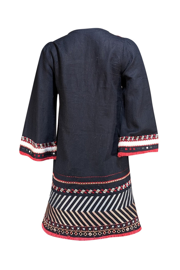 Zadig & Voltaire - Black Chambray Embroidered Lace Up Front Mini Dress Sz M - Current Boutique