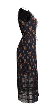 Zimmermann - Black Floral Sleeveless Pleated Maxi Dress w/ Lace Trim Sz 4 - Current Boutique
