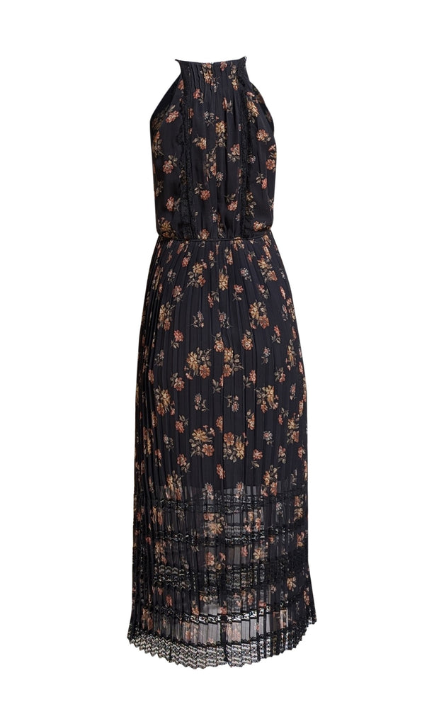 Zimmermann - Black Floral Sleeveless Pleated Maxi Dress w/ Lace Trim Sz 4 - Current Boutique