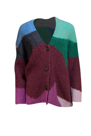 Vince - Purple, Blue, & Green Intarsia Wave Mohair Blend Cardigan Sz XS/S
