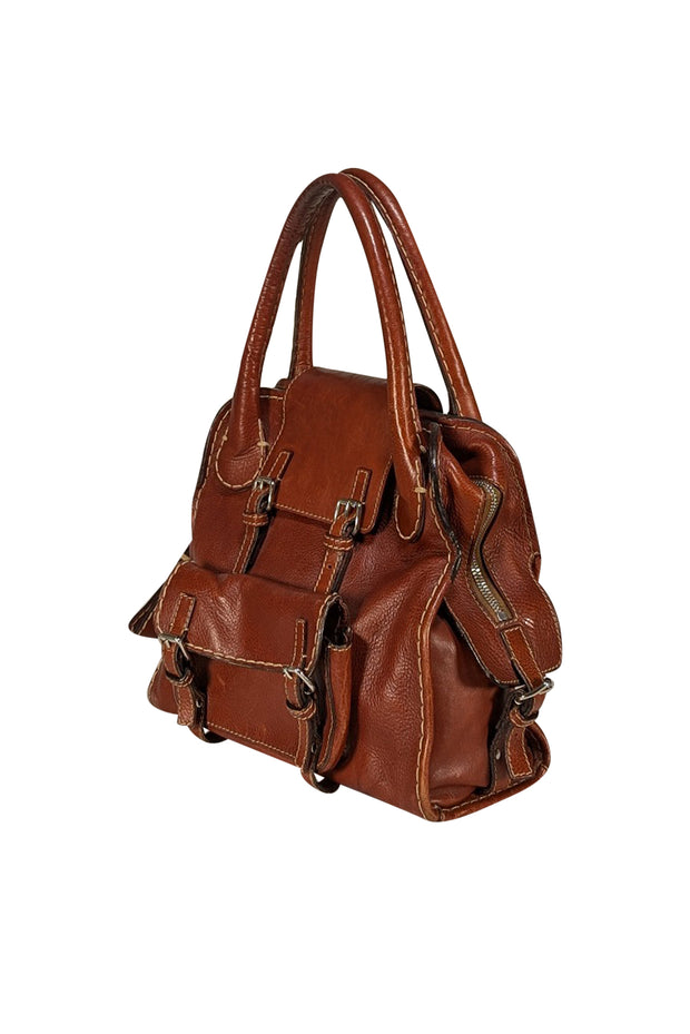 Chloe - Cognac Leather Buckle Detail Handbag - Current Boutique