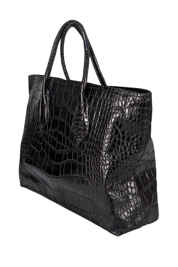 Furla - Black Croc Embossed Leather Tote Bag - Current Boutique