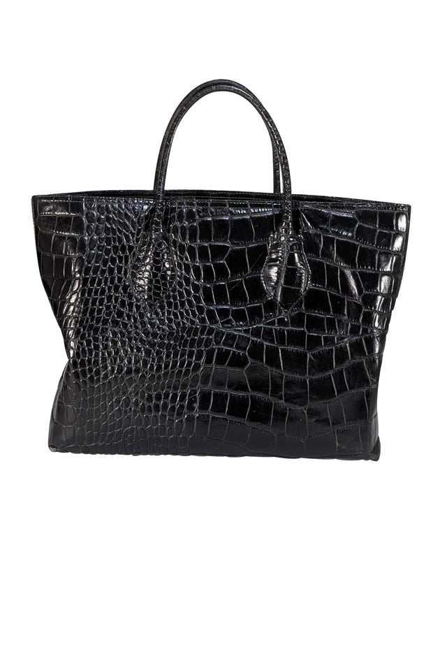 Furla - Black Croc Embossed Leather Tote Bag - Current Boutique