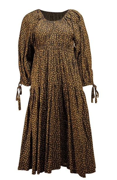 Eliza Faulkner - Black w/ Yellow Floral Print Cotton Puff Sleeve Midi Dress Sz XS - Current Boutique