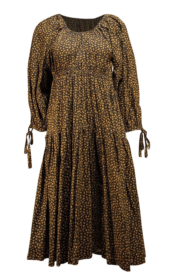Eliza Faulkner - Black w/ Yellow Floral Print Cotton Puff Sleeve Midi Dress Sz XS - Current Boutique