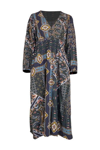 Cara Cara - Dark Green, Navy, Mustard Yellow Print Maxi Dress Sz XL