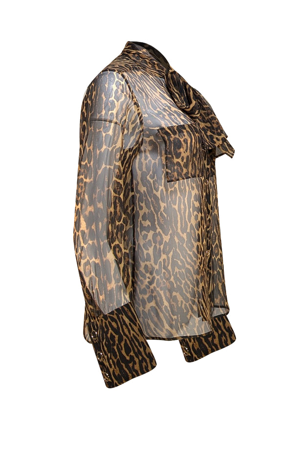 Burberry - Tan & Black Leopard Print Semi Sheer Blouse Sz 8 - Current Boutique