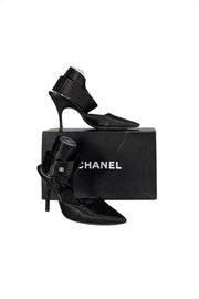 Chanel - Black Satin Wrap Around Strappy Heels Sz 9 - Current Boutique