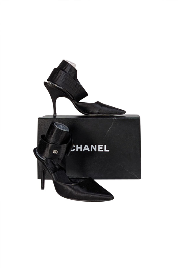Chanel - Black Satin Wrap Around Strappy Heels Sz 9 - Current Boutique