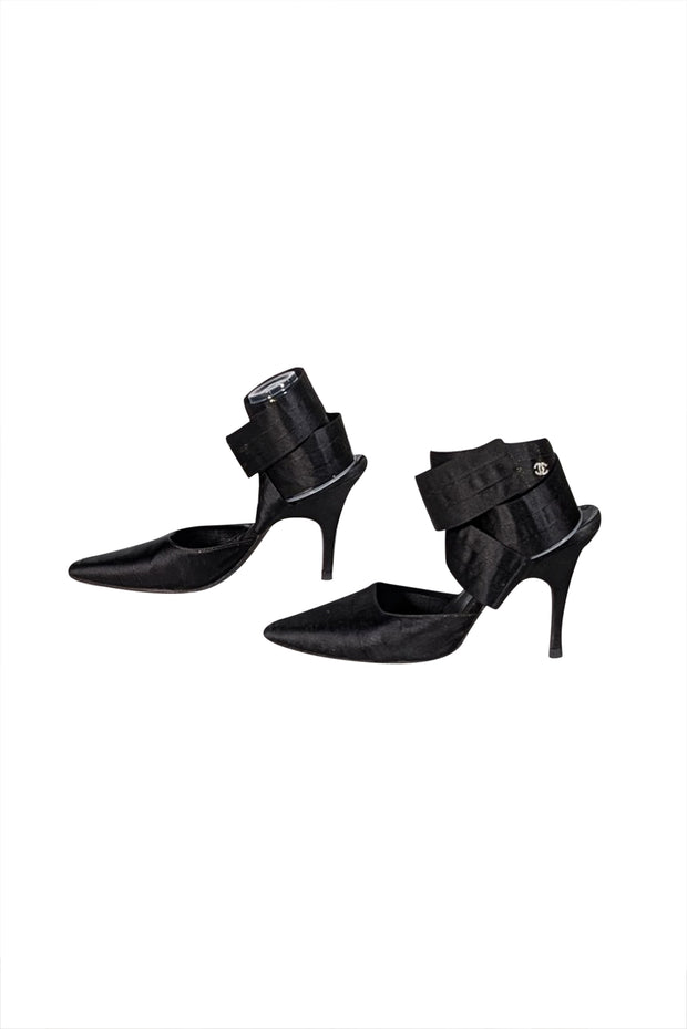 Chanel - Black Satin Wrap Around Strappy Heels Sz 9 - Current Boutique