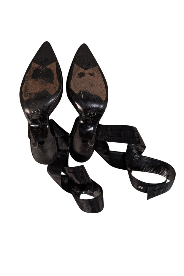 Chanel - Black Satin Wrap Around Strappy Heels Sz 9 - Current Boutique