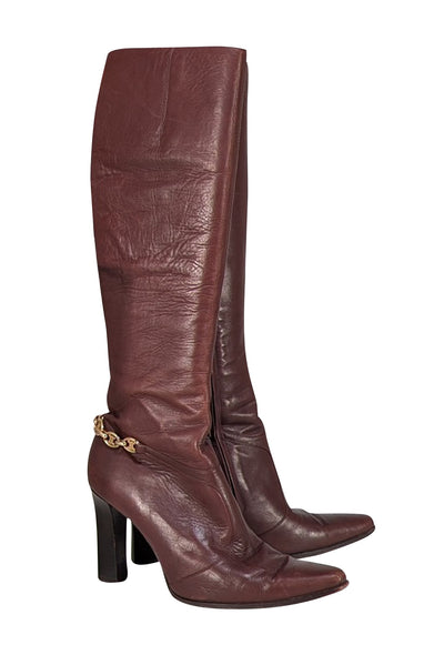 Celine - Brown Leather Pointed Toe Tall Heeled Boots Sz 9 - Current Boutique