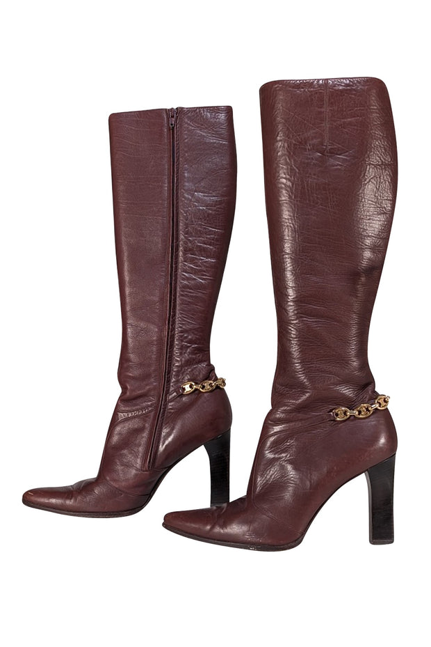Celine - Brown Leather Pointed Toe Tall Heeled Boots Sz 9 - Current Boutique