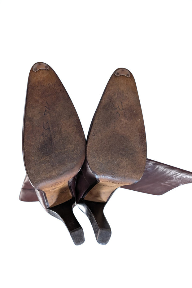 Celine - Brown Leather Pointed Toe Tall Heeled Boots Sz 9 - Current Boutique