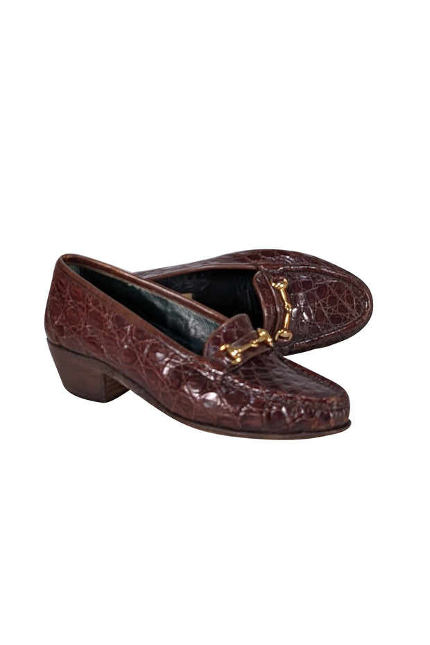 Gucci - Brown Croc Embossed Leather Low Heel Loafers Sz 7.5 - Current Boutique