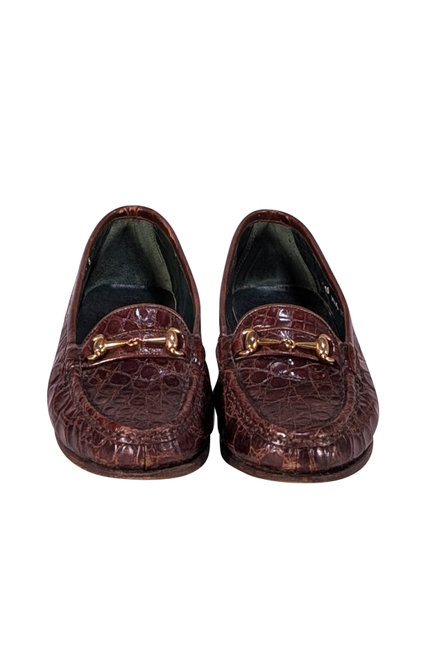 Gucci - Brown Croc Embossed Leather Low Heel Loafers Sz 7.5 - Current Boutique