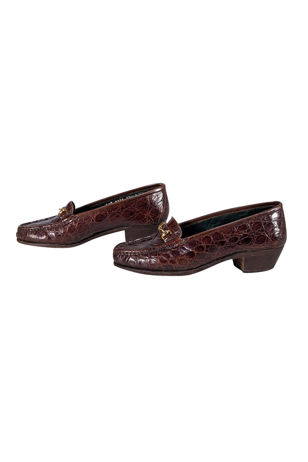 Gucci - Brown Croc Embossed Leather Low Heel Loafers Sz 7.5 - Current Boutique