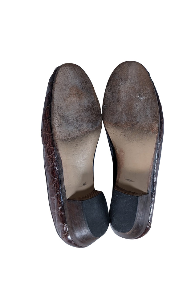 Gucci - Brown Croc Embossed Leather Low Heel Loafers Sz 7.5 - Current Boutique
