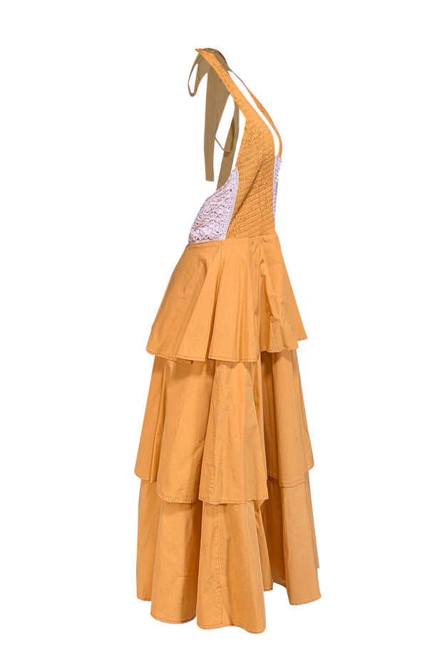 Stella Pardo - Yellow Smocked Bodice Tiered Halter Dress Sz L - Current Boutique