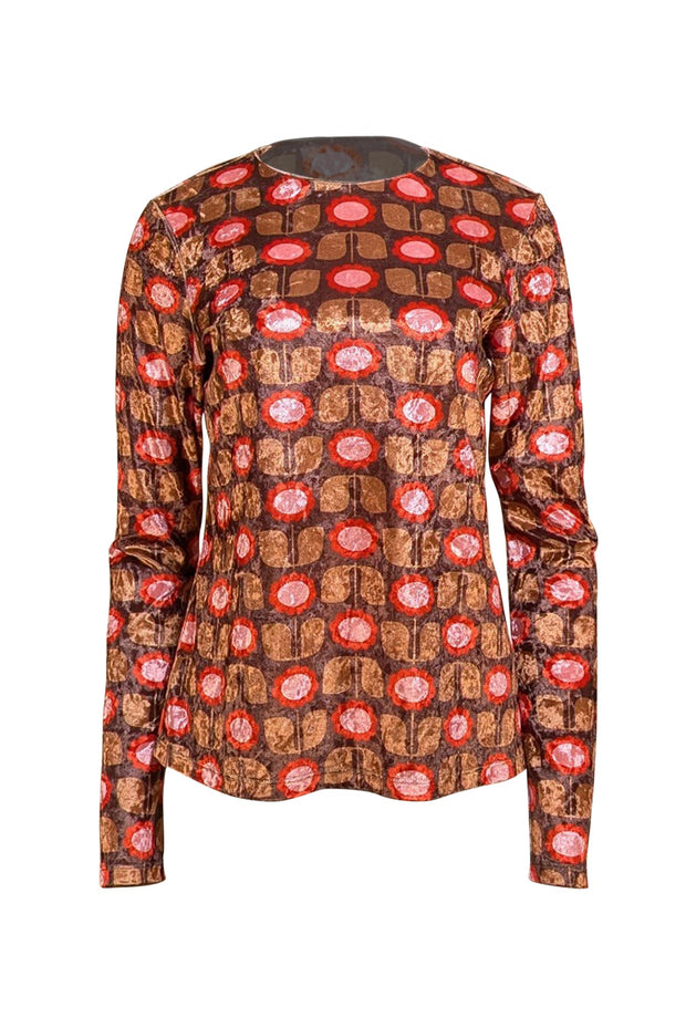 Anna Sui - Brown, Tan, Pink, & Red Print Floral Print Crushed Velvet Long Sleeve Top Sz L - Current Boutique
