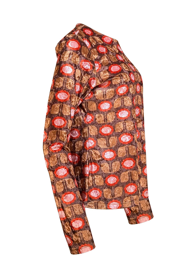 Anna Sui - Brown, Tan, Pink, & Red Print Floral Print Crushed Velvet Long Sleeve Top Sz L - Current Boutique